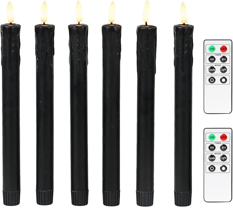 Visita la tienda de Fanna Fanna 6 cera Velas largas LED Negro sin llama con temporizador, Velas a Pilas diseño de goteo de cera para candelabros, LED blanco cálido, 2 Mandos a distancia incluidos, Altura 25cm — Cena a la luz de velas