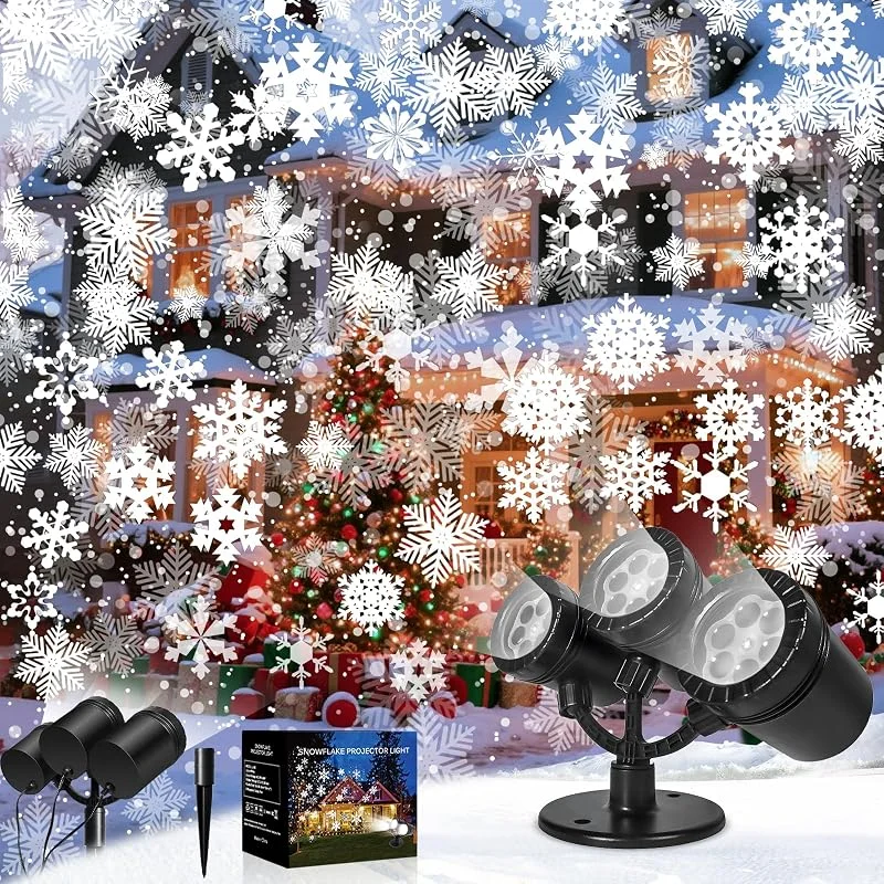 Forlivese Proyector de copo de nieve, diseño de 3 cabezas, LED, blanco, 360°, proyector giratorio para Navidad, exterior, lámpara de proyección LED decorativa con temporizador automático para fiestas, Navidad — Luces Navidad