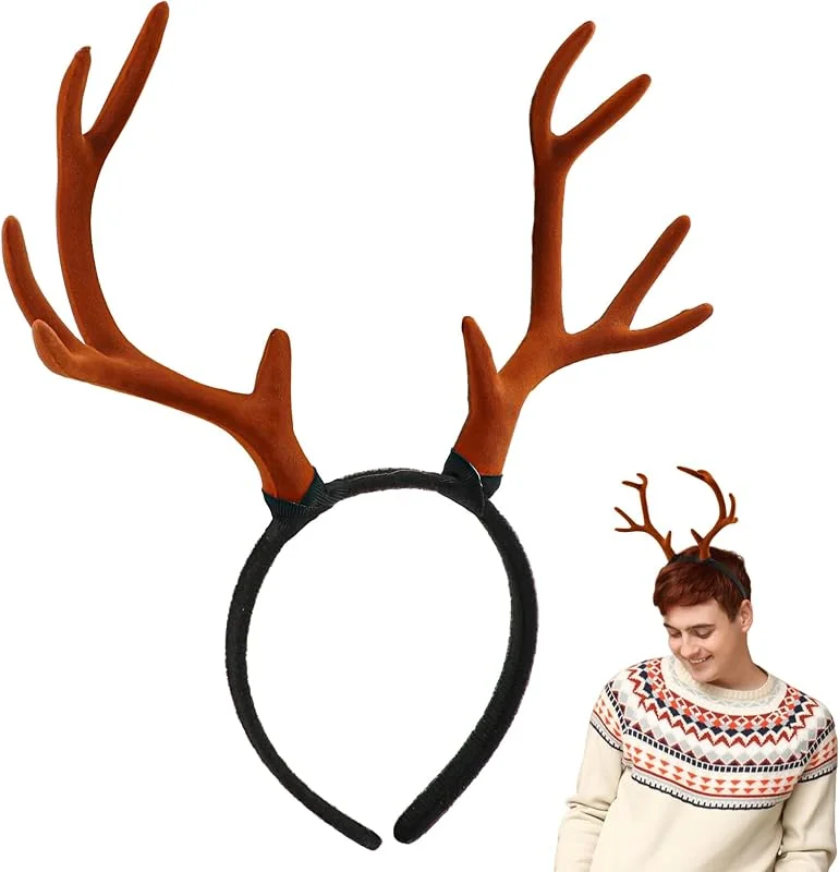 Qerutk Diadema ajustable de cuernos de ciervo, diadema de cuernos de reno, diadema de orejas de cuernos grandes, diadema de reno de felpa, para niños y adultos, accesorios de Navidad y Halloween — Ropa Navidad
