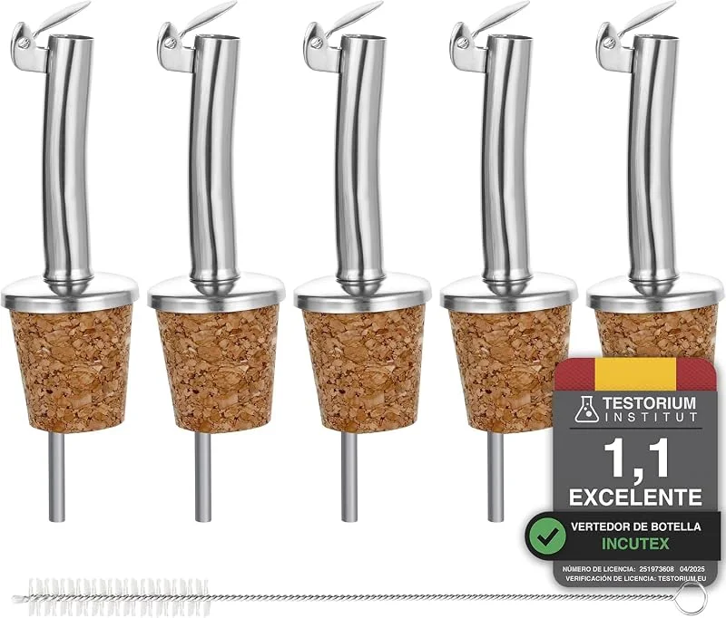 Incutex 5x vertedores de botellas corcho y 1x cepillo de limpieza, boquillas aceite in acero inoxidable con tapón antigoteo, vertedor dosificador aceite, vino, vinagre — Vino y mesa festiva