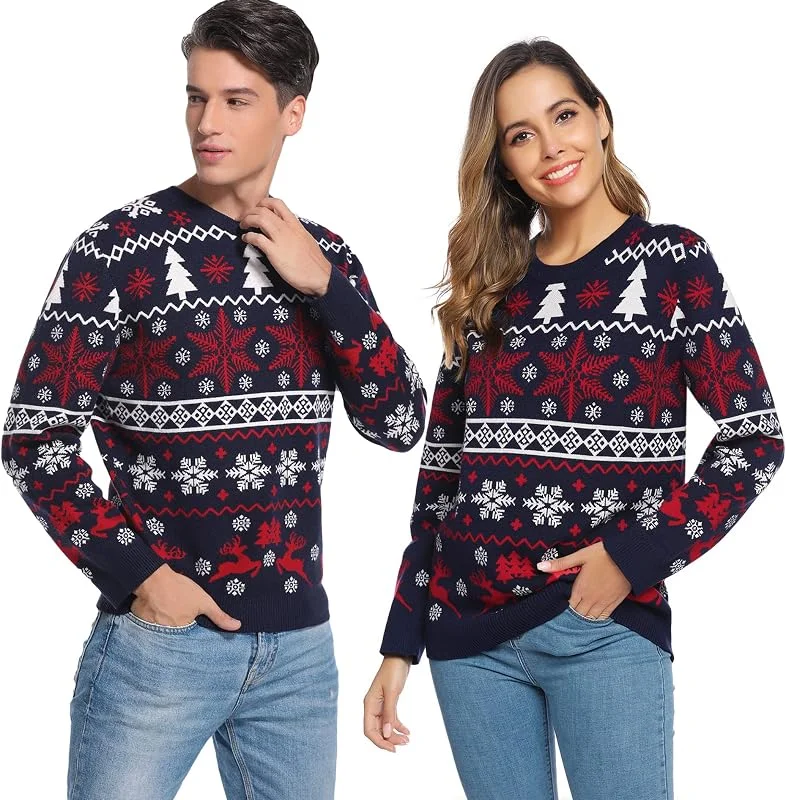 Visita la tienda de Litherday Litherday Jersey Navidad Mujer Hombre Unisex Suéter Navideño Pareja y Familia con Copos de Nieve y Reno, Ropa Navidad Divertida, Regalo Original S-XXL