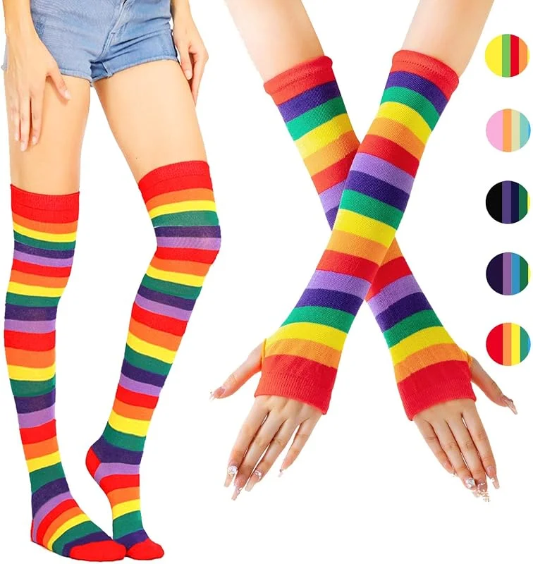 AUNGCSHE Calcetines Hasta La Rodilla Hasta El Muslo Conjunto De Guantes Sin Dedos, Arcoiris A Rayas Calcetines Altos Mujer, Guantes Largos Mujer Juego De Guantes, Muchacha Calcetines A Rayas — Decoracion Navidad