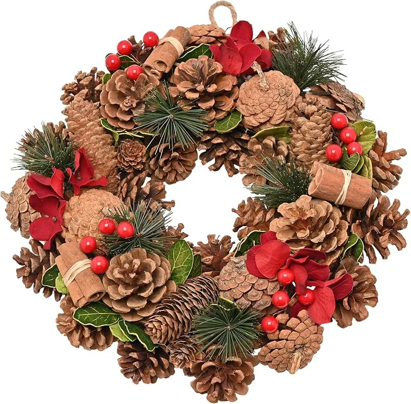 Widdop and Co Widdop - Corona de Navidad de canela – Corona rústica de piña de 30 cm con flores rojas, bayas y follaje – Decoración tradicional de Navidad para puerta — Decoracion Navidad
