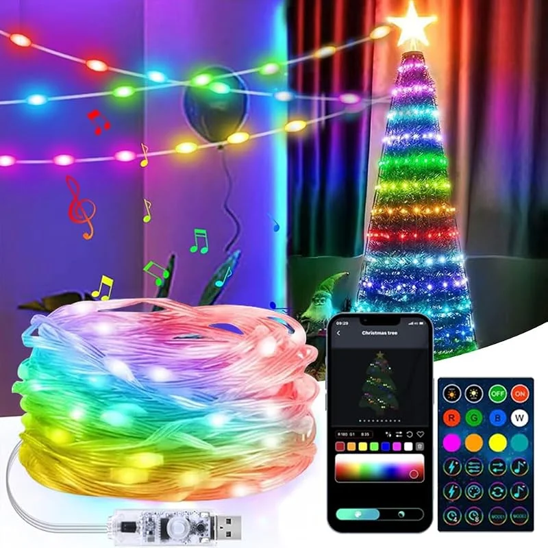 Anyingkai Luces de Decoración Navidad Fiesta, Guirnalda LED Multicolor 20m 200 LED Exterior RGB, Mando y Control de APP, IP65 para Jardín, Interior — Luces Navidad