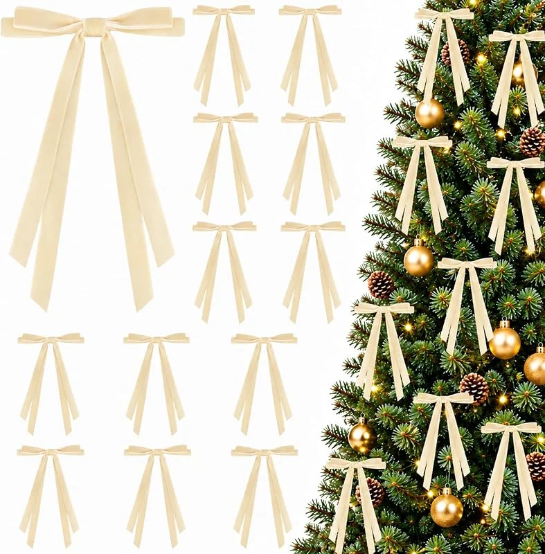 ZOSIGN 12 Piezas Lazos para Árbol de Navidad, Lazos Navideños de Terciopelo, Lazo Decorativos Vintage, con Alambre, para Árbol de Navidad, Guirnalda, Regalos y Decoración Navideña - Beige — Envoltorio regalo