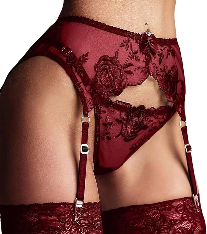 ROSVAJFY Liguero Encaje Sexy Mujer con 4 Clips Ajustables Tanga Medias, Ropa Interior Tirantes Cintura Alta Malla Transparente Ligas, Conjunto Lencería Encaje Floral 2 Piezas para San Valentín — Ropa Navidad