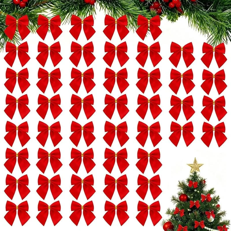 HattusaShield 48 Piezas Lazos Terciopelo de Navidad, Rojo Pequeño Lazos, Mini Arcos del Árbol de Navidad, para Decoración Colgante, Boda Celebraciones Guirnalda Regalo — Envoltorio regalo