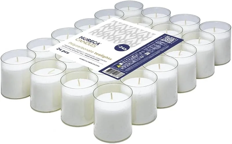 Horeca Candles - Velas de té blancas - Duración 24 horas - Juego de 24 velas sin perfume - Vaso de plástico transparente - Velas para boda, decoración, gastronomía — Cena a la luz de velas