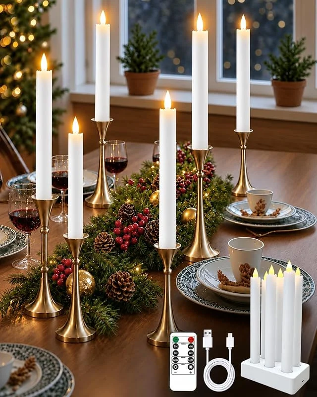 AdalyRoma Velas LED Cónicas Recargables, 23 cm, Sin Llama, Paquete de 6 — Luces Navidad