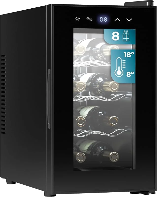 Visita la tienda de Cecotec Cecotec Vinoteca 8 Botellas Bolero Grandsommelier 830 coolcrystal, Enfriamiento termoeléctrico, Temperatura regulable entre 8-18ºC, Control táctil y display, LED interior, Gas no nocivo. — Vino y mesa festiva
