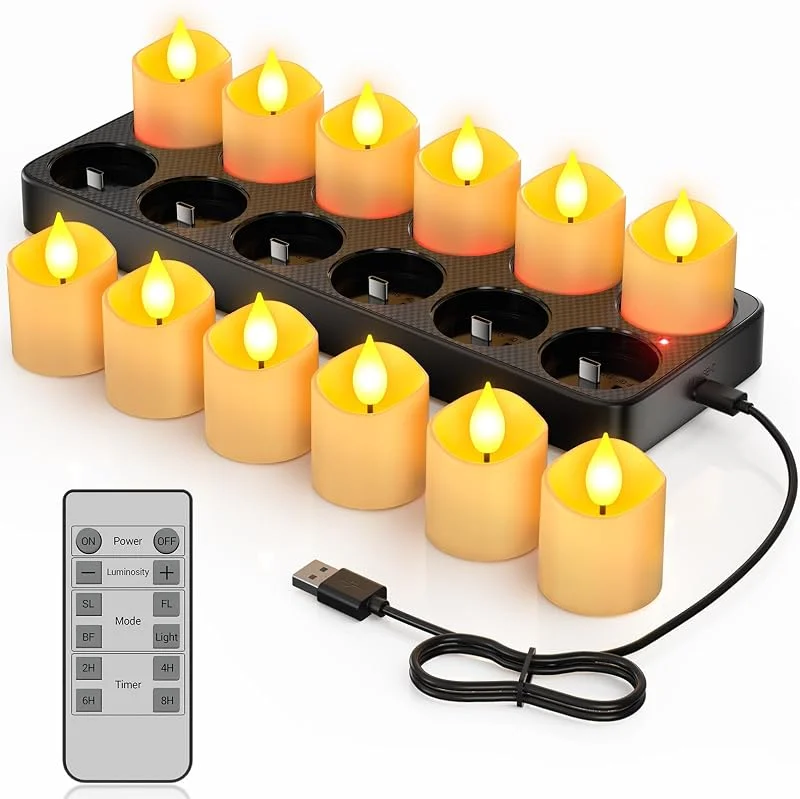 Ymenow Velas de té recargables con temporizador remoto y base de carga — Cena a la luz de velas