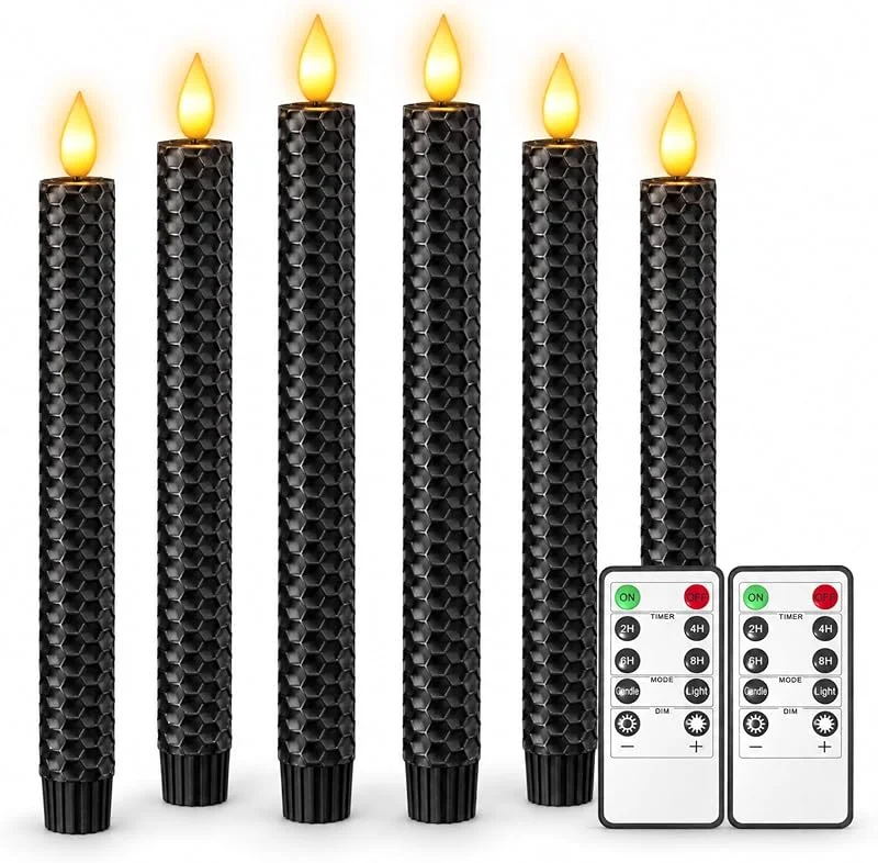 Punasi Velas LED negras con función de temporizador, 24, 5 cm de cera real, velas LED eléctricas con mando a distancia y temporizador, llama parpadeante para fiestas, habitaciones, Halloween, Navidad — Cena a la luz de velas