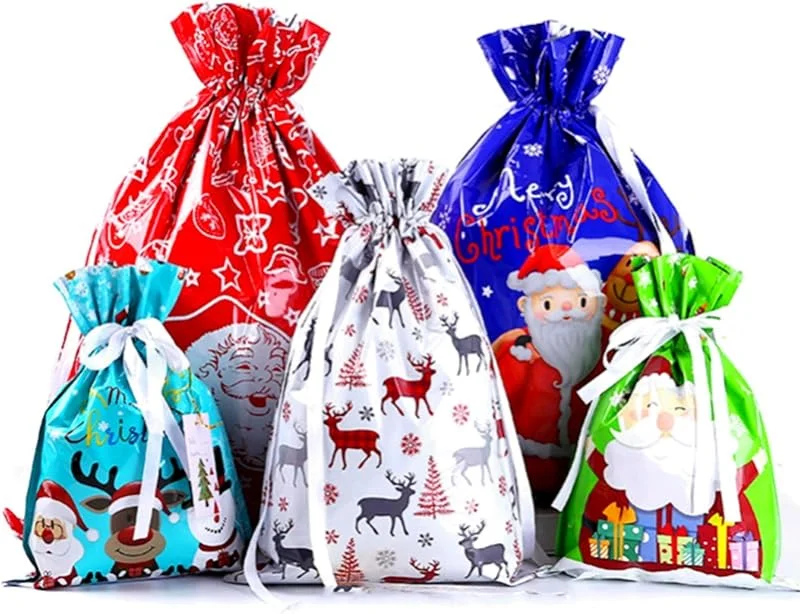 YAAVAAW 12 Unidades Bolsas de Regalo Grandes con Cordn de Navidad - 5 Diseños 4 Tamaños, Para Regalos Grandes, Temporada Navideña, Regalos, Regalos De Vacaciones O Decoraciones — Envoltorio regalo