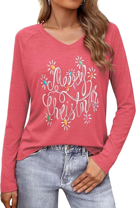 Visita la tienda de Terecey Terecey Camiseta de Navidad para mujer, manga larga, cuello en V, holgada, divertida, camiseta de Navidad, feo jersey de Navidad, para otoño e invierno, S-XXL — Ropa Navidad