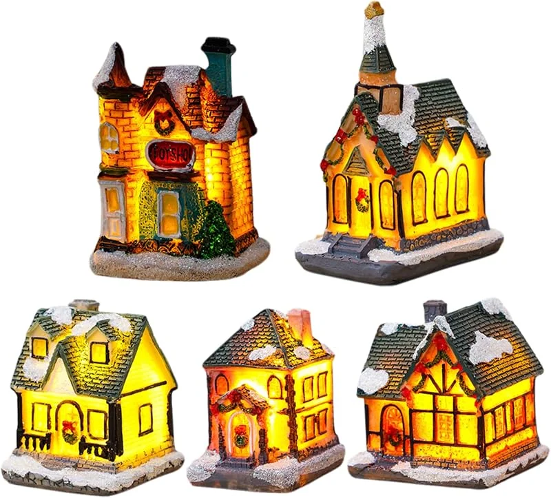 BeVistoso Casa de Pueblo Navideño, 5 Piezas con Adorable Pueblo Navideño Iluminado por LED Funciona con Pilas, para Decoración de Fiesta Interior de Navidad Cumpleaños — Decoracion Navidad