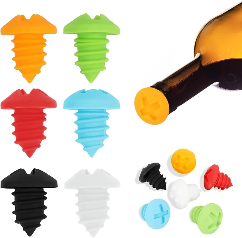 Pwsap Set de 6 Tapones para Vino en Forma de Tornillo - Silicona Reutilizable para Botellas de Champán, Cerveza y Bebidas — Vino y mesa festiva