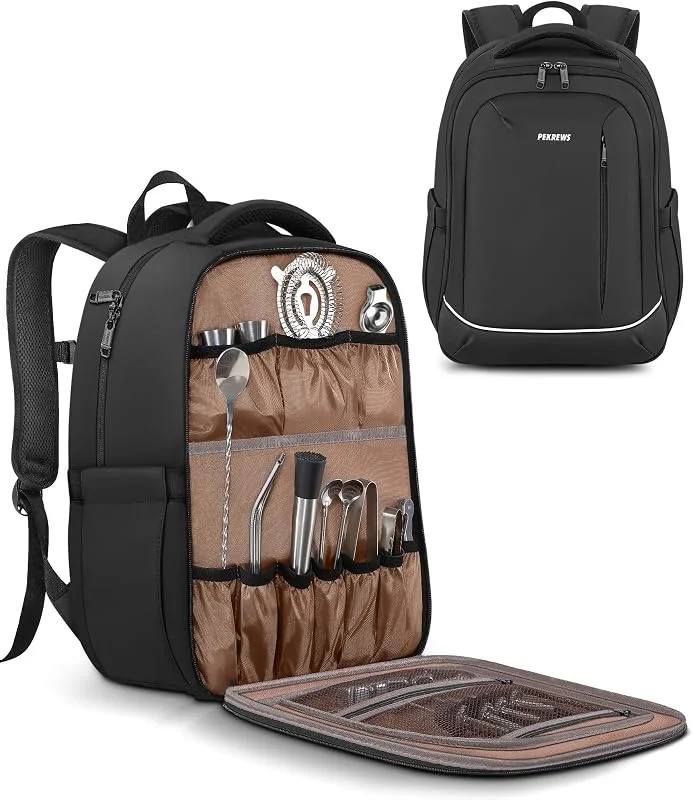 PEKREWS Bolsa de Camarero, Mochila de Viaje para Kit de Barra de Transporte, Bolsa de Bar portátil para Almacenamiento de Juegos de Herramientas, coctelera y Portador de Botellas de Vino, Regalo — Vino y mesa festiva