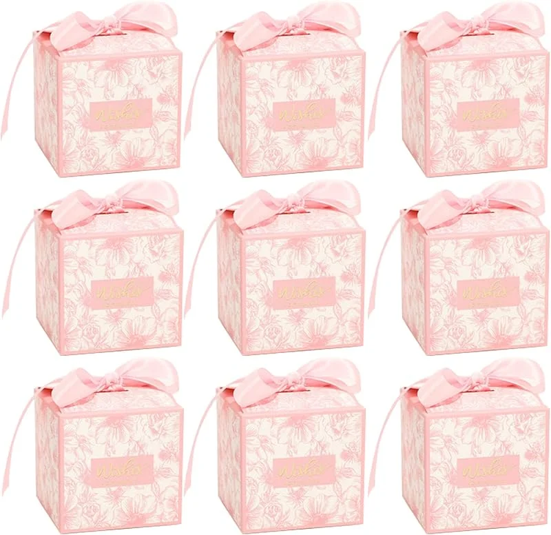 Wuuooei Cajas de Regalo de Papel para Caramelos, 50 Pcs Cajitas para Chuches Rosa, Cajas para Recuerdos de Boda, Cajas Cuadradas para Regalo, Cajas para Dulces con Cinta para Navidad Bodas Cumpleaños, 7x7x7cm — Envoltorio regalo