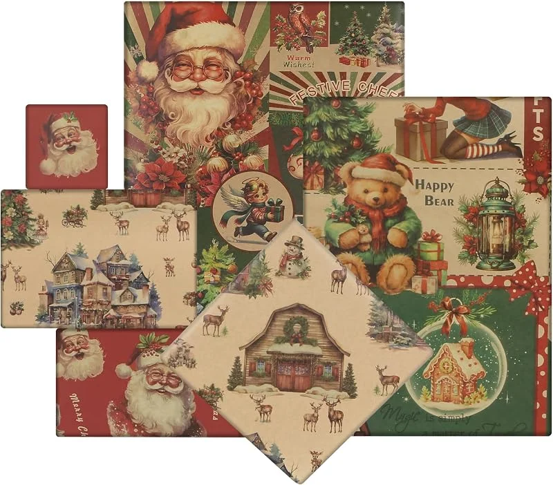 Boerni Surtido de papel de regalo vintage de Navidad, 4 hojas, bonito papel de regalo de Navidad, cascanueces, Papá Noel, muñeco de nieve, alce, oso, camión, juego de papel de regalo para niños, regalos de — Envoltorio regalo
