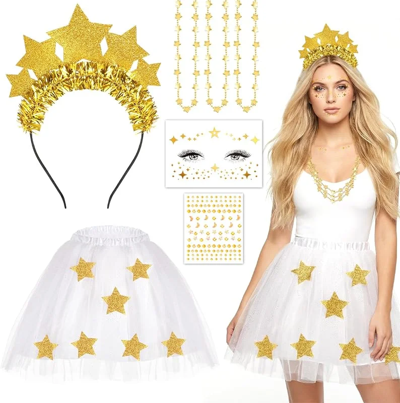 Beipegin 5PCS Disfraz Estrella Mujer Niña, Diadema Estrella de Navidad Tatuajes Pegatinas Cara Collar Falda Tutu Blanco, Disfraces Angel Disfraz Navidad Mujer para Fiesta Halloween Navideñas Carnaval Cosplay — Ropa Navidad
