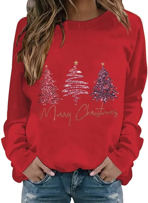 tacniseyw Suéter de Navidad para mujer, con estampado de árbol, suéteres divertidos de Navidad, tallas grandes, manga larga, cuello redondo, camisetas de invierno de gran tamaño, suéteres de Navidad — Ropa Navidad
