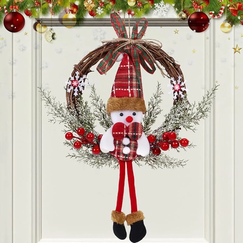 Quixion Corona decorativa de Navidad, corona de puerta de 35 cm, corona de Navidad, corona de Navidad, alce, reno, corona de Navidad, muñeco de nieve, corona de ratán para pared, puerta de casa, decoraciones — Decoracion Navidad