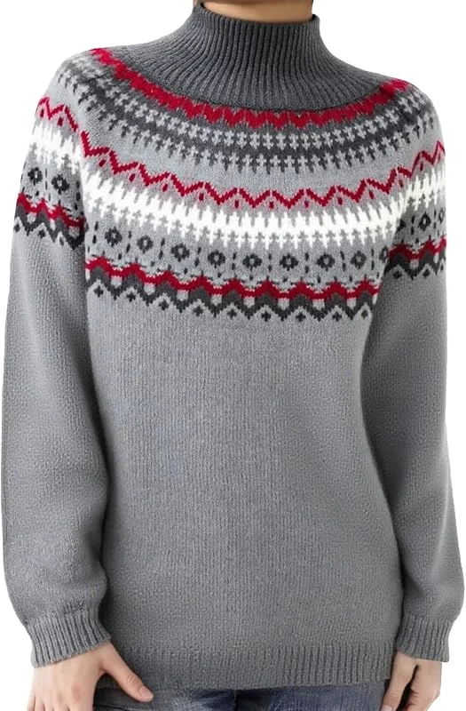 Generic HUIFUAO Fairisle - Jersey de cuello alto para mujer, talla grande, cuello alto, nórdico, islandés, noruego, suéteres vintage de Navidad, suéter de invierno, cálido, grueso, suave, de manga larga — Ropa Navidad