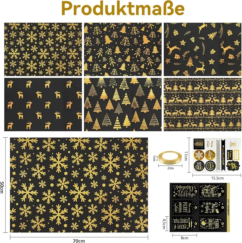 Joyblossom Papel de regalo de Navidad negro y dorado, 6 hojas 70 x 50 cm — Envoltorio regalo