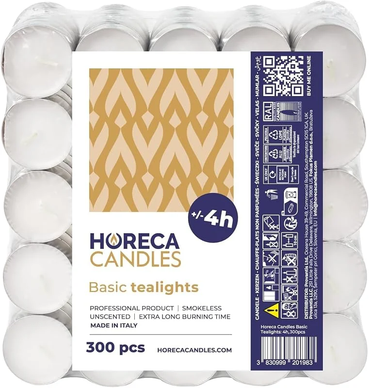 Horeca Candles - Velas de té Blancas - 4 Horas de Duración - Paquete de 300 Unidades - Candelitas Decorativas Sin Perfume - Para Boda, Relajación, Cumpleaños — Cena a la luz de velas