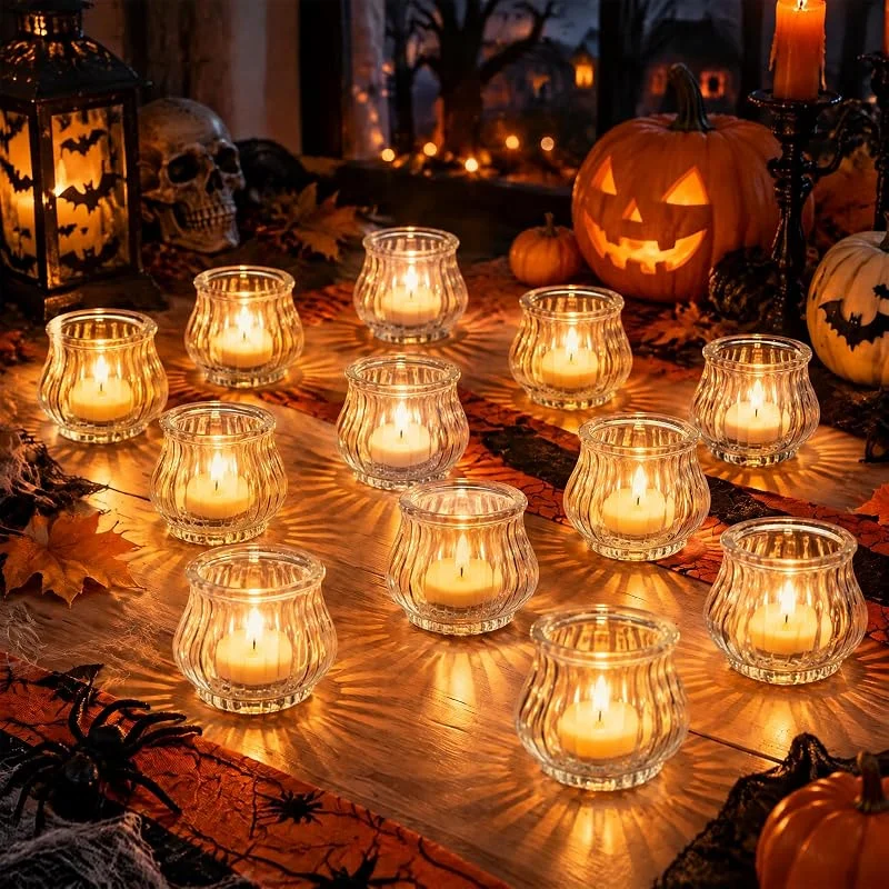 Zinueen Juego de 12 portavelas de cristal acanalado, 3, 7 x 5, 7 cm — Cena a la luz de velas