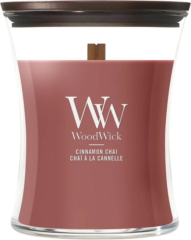 Visita la tienda de Woodwick WoodWick Vela perfumada hourglass mediana, Cinnamon Chai, con mecha crepitante, Tiempo de combustión: hasta 60 horas — Cena a la luz de velas