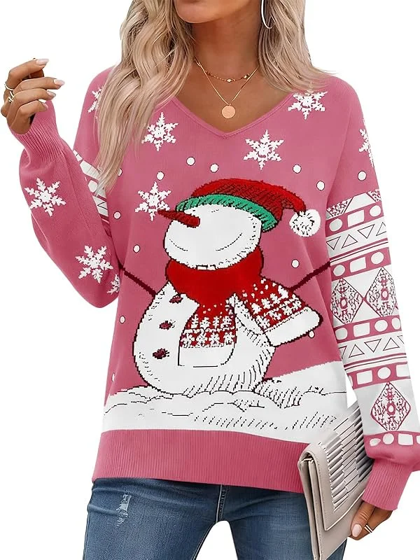 Visita la tienda de Saodimallsu Saodimallsu Jersey de Navidad para mujer, manga larga, cuello en V, jersey de punto, muñeco de nieve, suéter de invierno, cálido, suéter de Navidad, informal, tops — Ropa Navidad