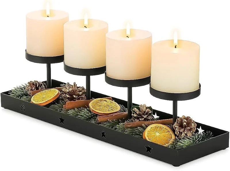 Ruioomeep Corona de Adviento de metal alargada negra con 4 portavelas para velas de pilar, moderno diseño de Adviento y portavelas, decoración de mesa de Navidad — Adviento y mesa