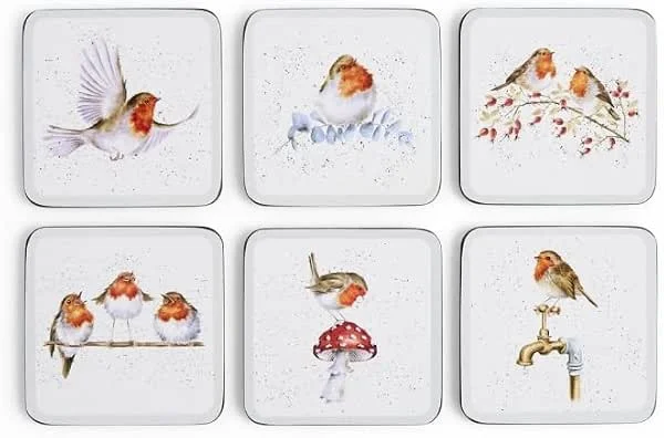 Wrendale Designs Festive Friends - Juego de 6 posavasos de Navidad (10, 5 x 10, 5 cm), diseño de petirrojos — Hogar y cocina
