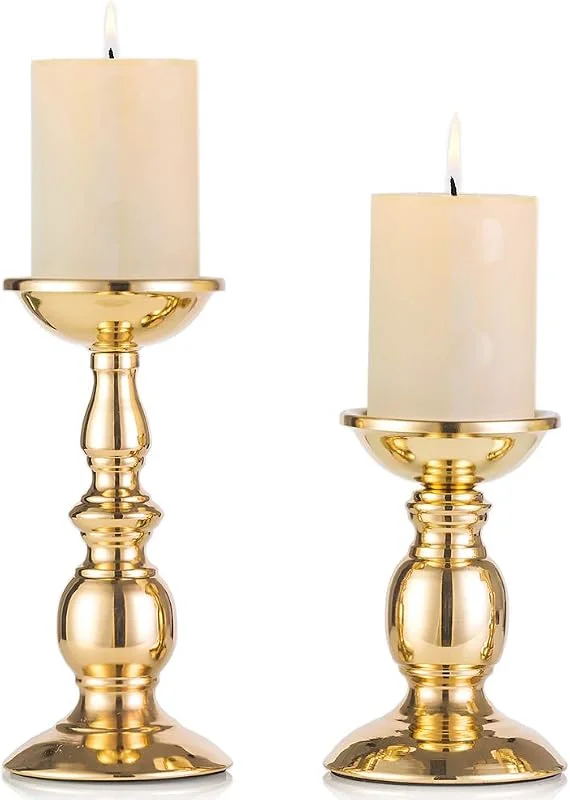 Visita la tienda de Nuptio Candelero columnario del Hierro, candelero Decorativo de Mesa para Boda, Fiesta, cumpleaños, artículo para la Cena a Las Velas, candelero Retro para hogar (Oro, 16cm H + 22cm H) — Cena a la luz de velas