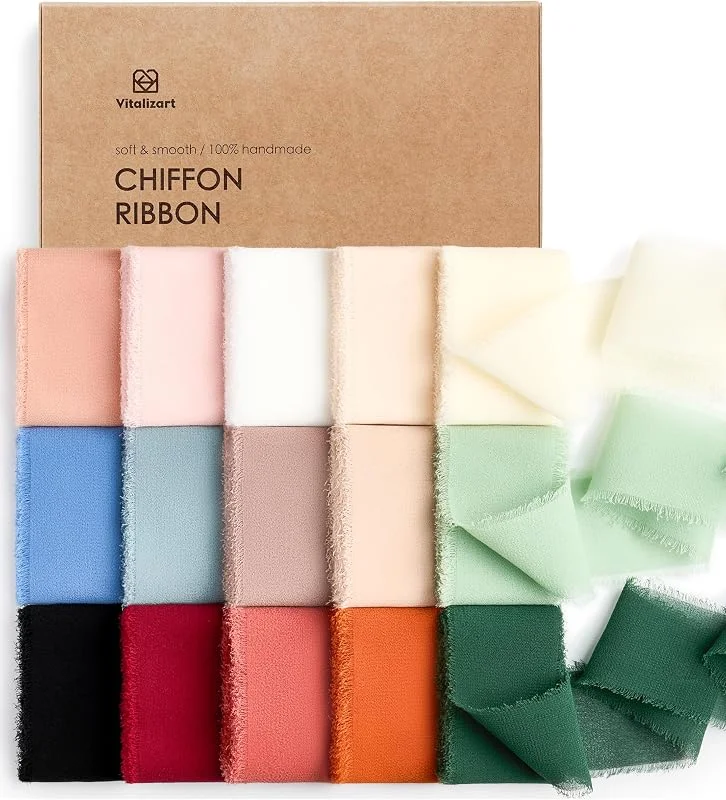 Visita la tienda de Vitalizart Vitalizart Cinta de Gasa de Seda 15 Colores, Hecha a Mano con Flecos, Total 3, 8 cm x 27, 4 m, Juego de Cintas para Invitaciones de Boda, Ramos de Novia, Regalos, Envoltorios, Bricolaje — Envoltorio regalo
