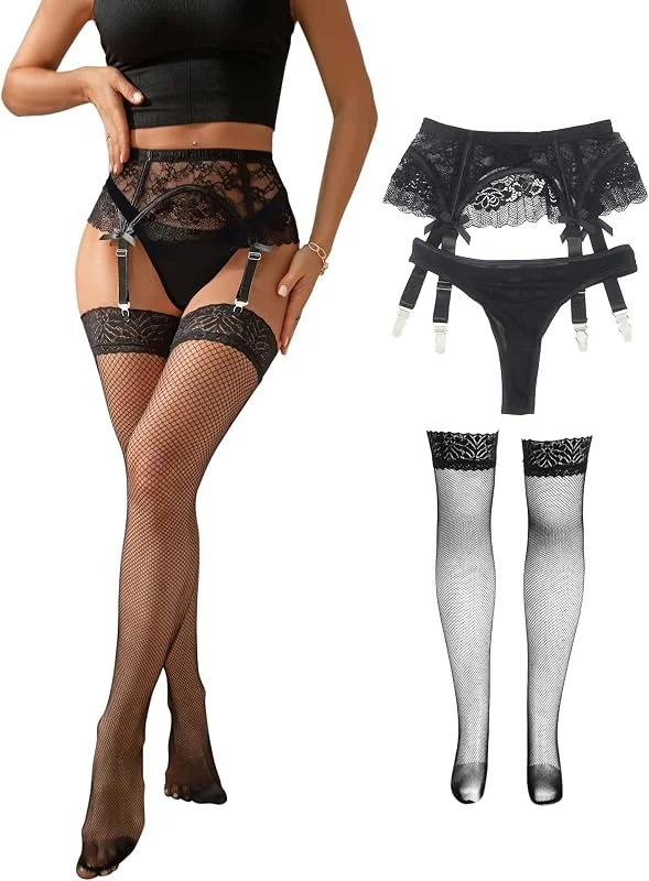 Visita la tienda de ohmydear ohmydear Liguero de encaje para mujer con 4 clips, liguero de tallas grandes, sexy con ligas, juego de lencería de cintura alta, juego de tirantes con bragas para Navidad, XS-4XL — Ropa Navidad
