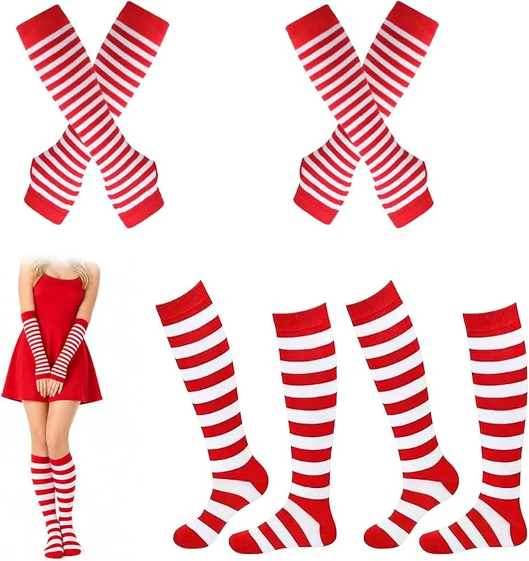 SEPWGUMD 4 Pares Calcetines Rayas Rodilla Rojo Blanco con Guantes sin Dedos Mujer — Ropa Navidad