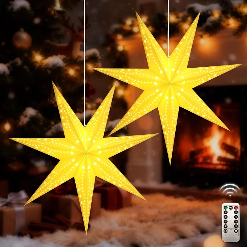 K KERNOWO Juego de 2 estrellas de Navidad iluminadas, 60 cm de papel para colgar — Decoracion Navidad