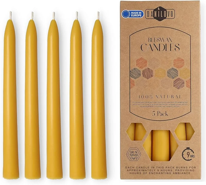 Visita la tienda de Danilovo Danilovo 5 velas de cera de abeja pura, natural, sostenible, de larga duración, para cualquier ocasión, sin goteo, sin humo, aroma a miel, amarillo — Cena a la luz de velas