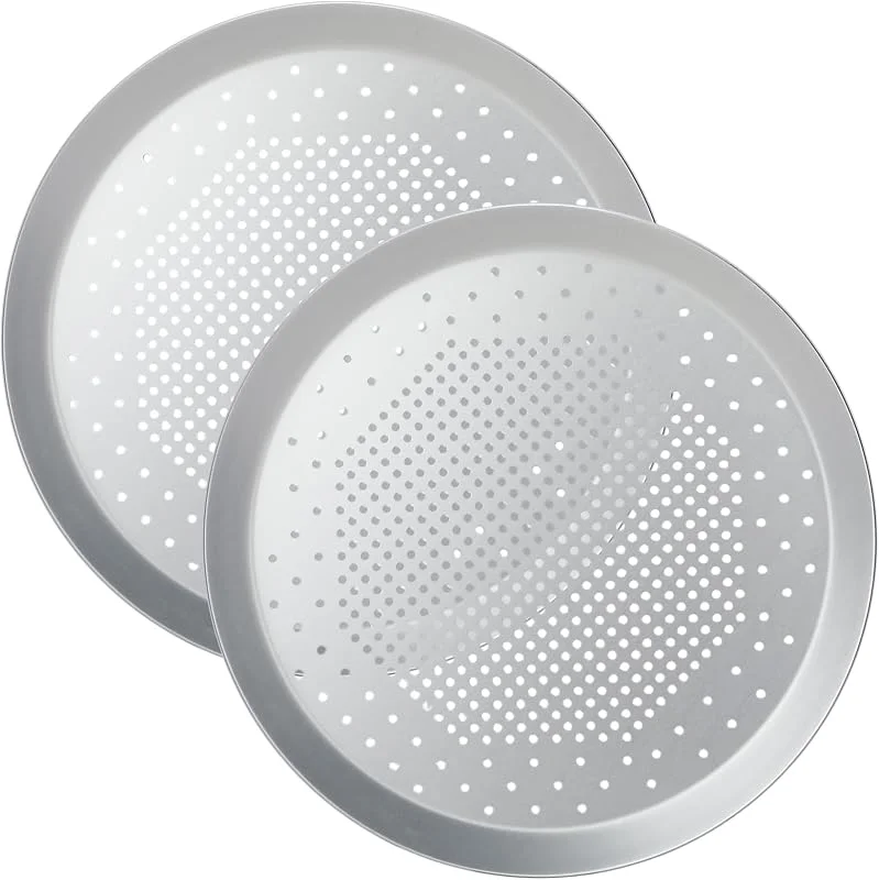 Auddemg Bandejas para Pizza Perforadas, Plato Redondo para Pizza, Aleación de Aluminio Reforzado Resistente al Horno, Diámetro 29, 5 cm 2 unidades, Plata — Hogar y cocina