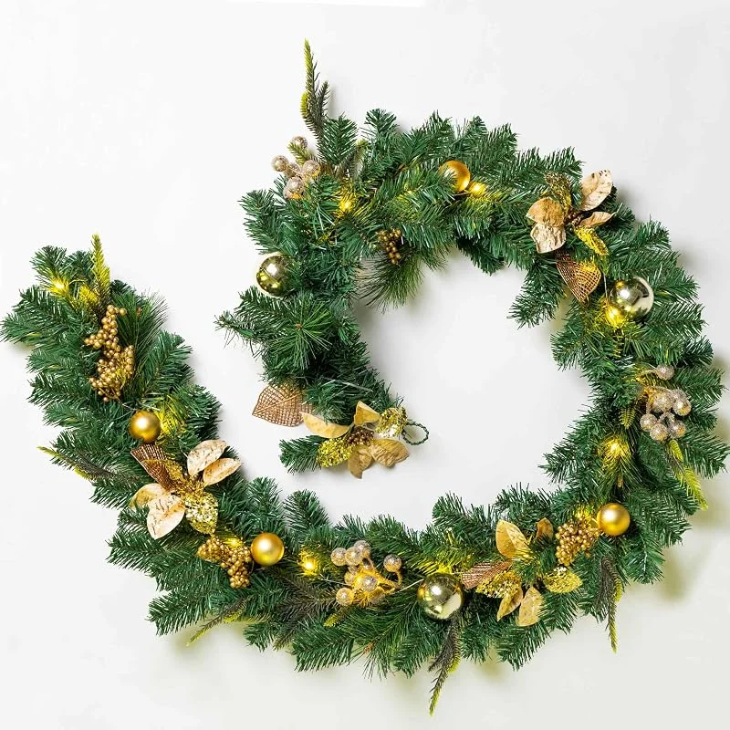 YULETIME Guirnalda de Navidad iluminada de 6 pies, funciona con pilas con 20 guirnaldas artificiales de luces de hadas, bolas doradas, bayas doradas, flor de Pascua dorada, ramas de abeto, agujas de — Decoracion Navidad