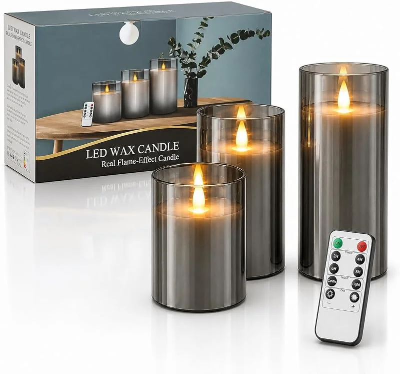 Visita la tienda de YINUO LIGHT 3 Velas LED Velas Sin llama 4" 5" 6", Luz de Decorativas Velas Funcionan con Pilas Pilares de Vidrio Gris Realista Mecha Parpadeante Efecto llama, Velas Electrica con Control Remoto Temporizador — Luces Navidad
