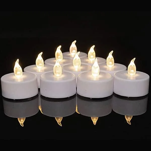 Biyanuo Velas de té LED, 12 unidades, sin llama, pilas realistas y brillantes, parpadeantes, batería extra larga de 200 horas para bodas, festivales, fiestas, decoración del hogar — Cena a la luz de velas