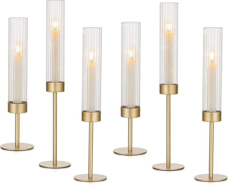 Hewory Candelabro de cristal dorado para velas: juego de 6 portavelas de metal para salón, decoración, vintage, portavelas con portavelas de cristal grande para Navidad, boda — Cena a la luz de velas