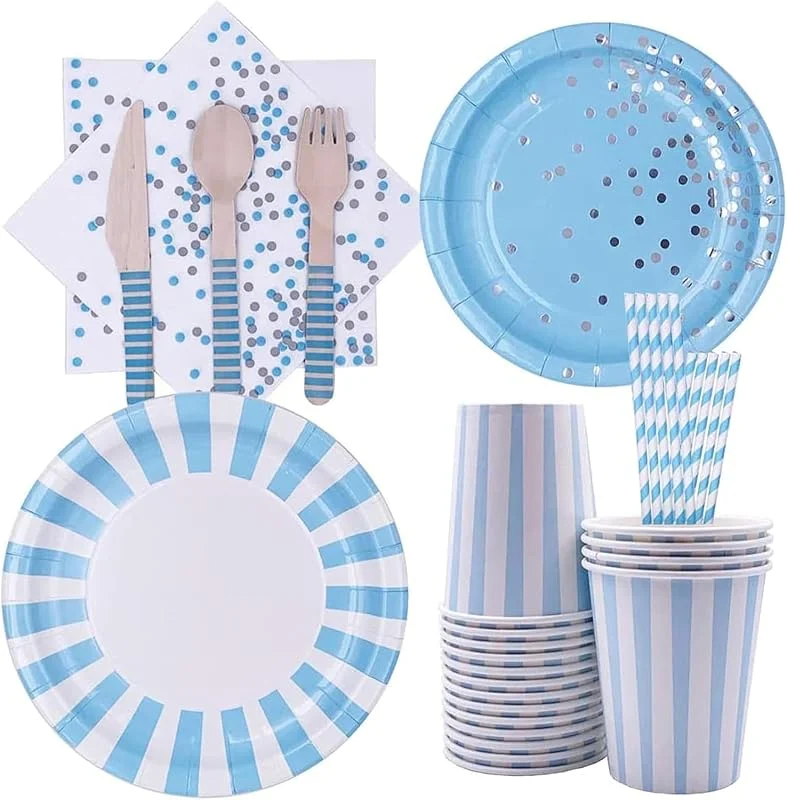 FCQLFYF Set Vajilla Cumpleaños Azul 128 Piezas, Vajilla de Papel para Cumpleaños Niño, Platos de Papel, Vasos de Papel, Servilletas de Papel, Cubiertos de Madera para Fiesta, Picnic (16 Invitados) — Adviento y mesa