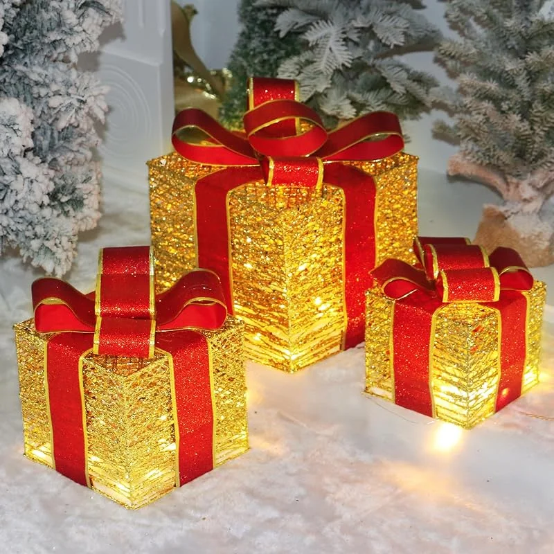 TZPAUG Cajas De Regalo Led Navidad, Juego de 3 Cajas de Regalo LED, Cajas de Regalo Navidad con 50 Leds, 8 Modos de Iluminación, Cajas de Regalo Luce de Iluminadas para Árbol de Navidad — Envoltorio regalo