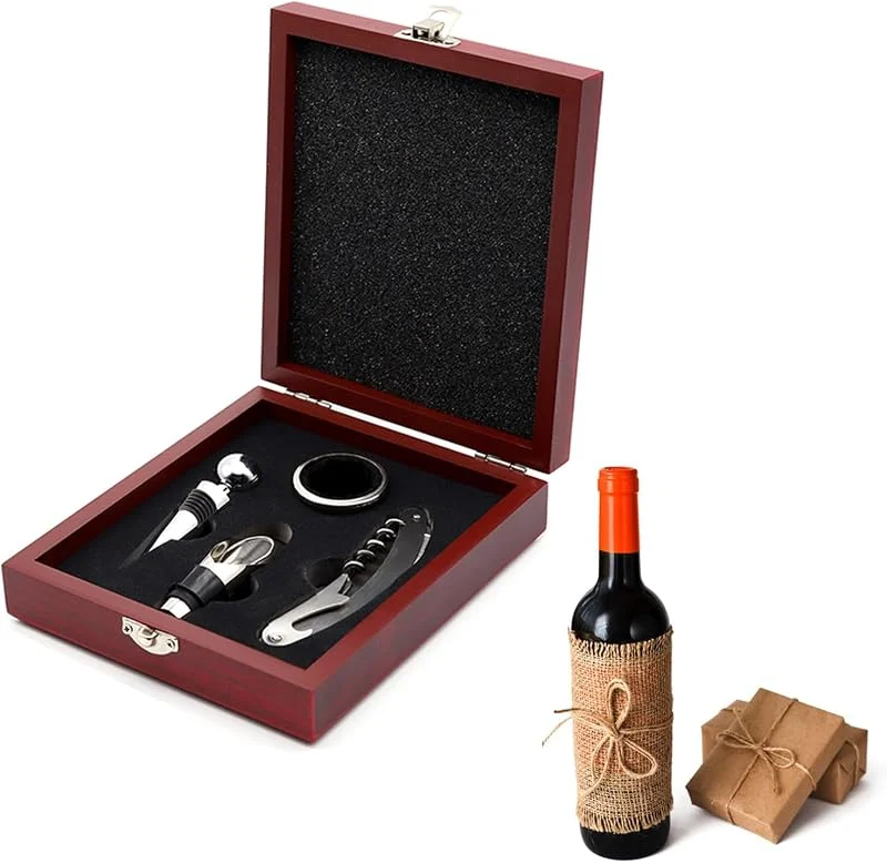 Helweet Sacacorchos Set, Set de Accesorios para Vino, Juego de Abridor de Vino, Abrebotellas de Vino, Abridor de Botellas de Vino, con Tapón de Vino, Vertedor Vino, Anillas Antigoteo, Caja de Madera Regalo — Vino y mesa festiva