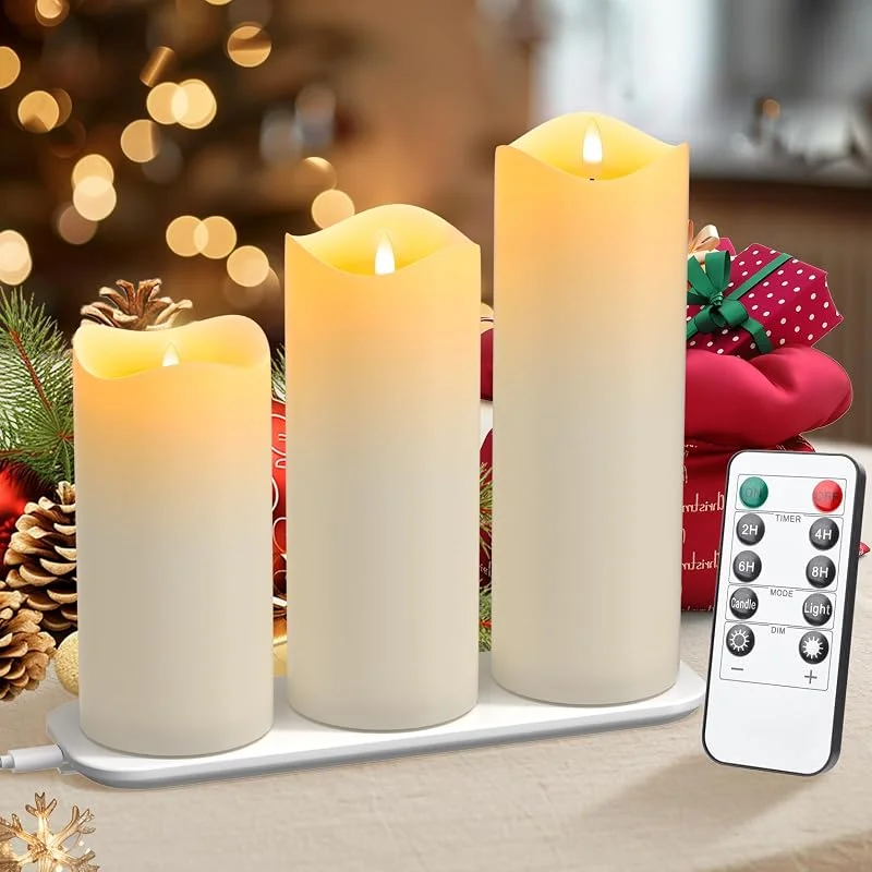 EXTSUD Velas LED sin llama 3 velas recargables con mando a distancia 7, 5 x 15, 17, 5, 20 cm velas de cera real parpadeantes para casa, boda, Navidad, Halloween, fiesta decoración — Cena a la luz de velas