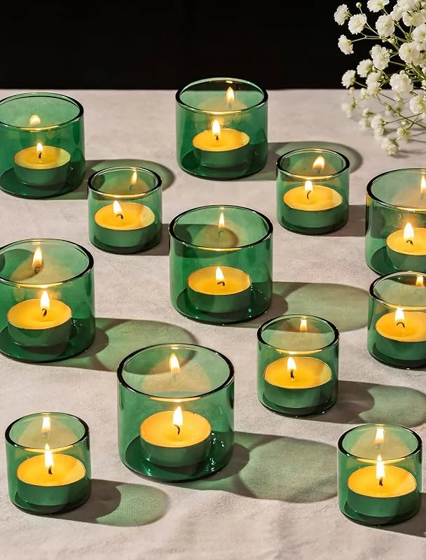 Romadedi Portavelas de cristal verde, juego de 12, 4, 6 x 4 cm, 5, 7 x 5 cm — Cena a la luz de velas